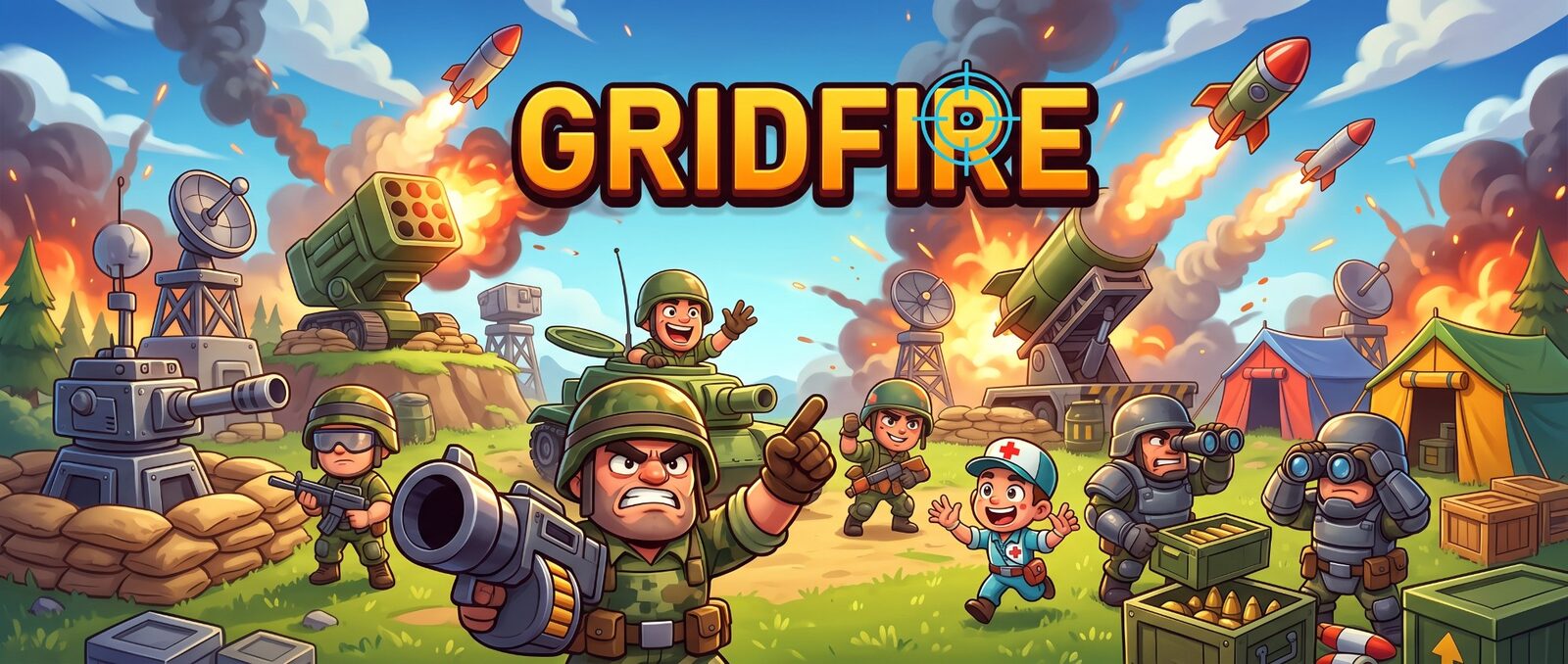 GRIDFIRE: Comic-Soldaten verteidigen ihre Basis mit Radar, Geschützen und Raketenwerfern, über ihnen fliegen Raketen.